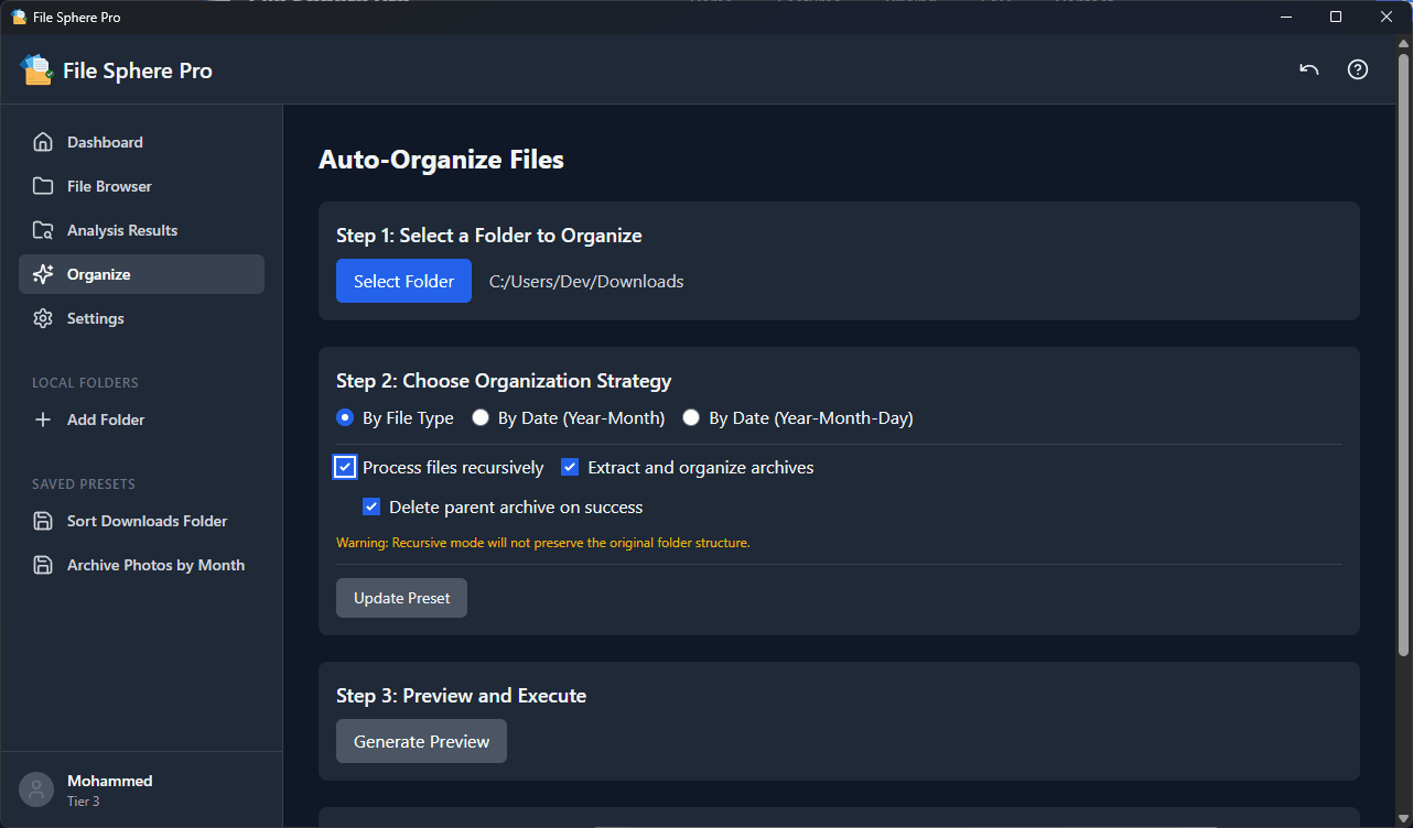 Animated GIF showing File Sphere Pro's Automated Organization feature