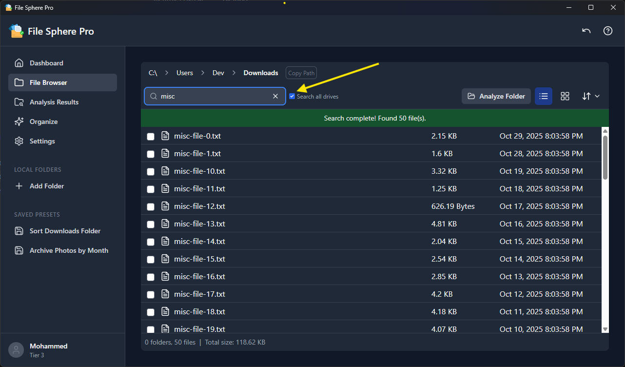 Screenshot of File Sphere Pro's Blazing-Fast Global Search results